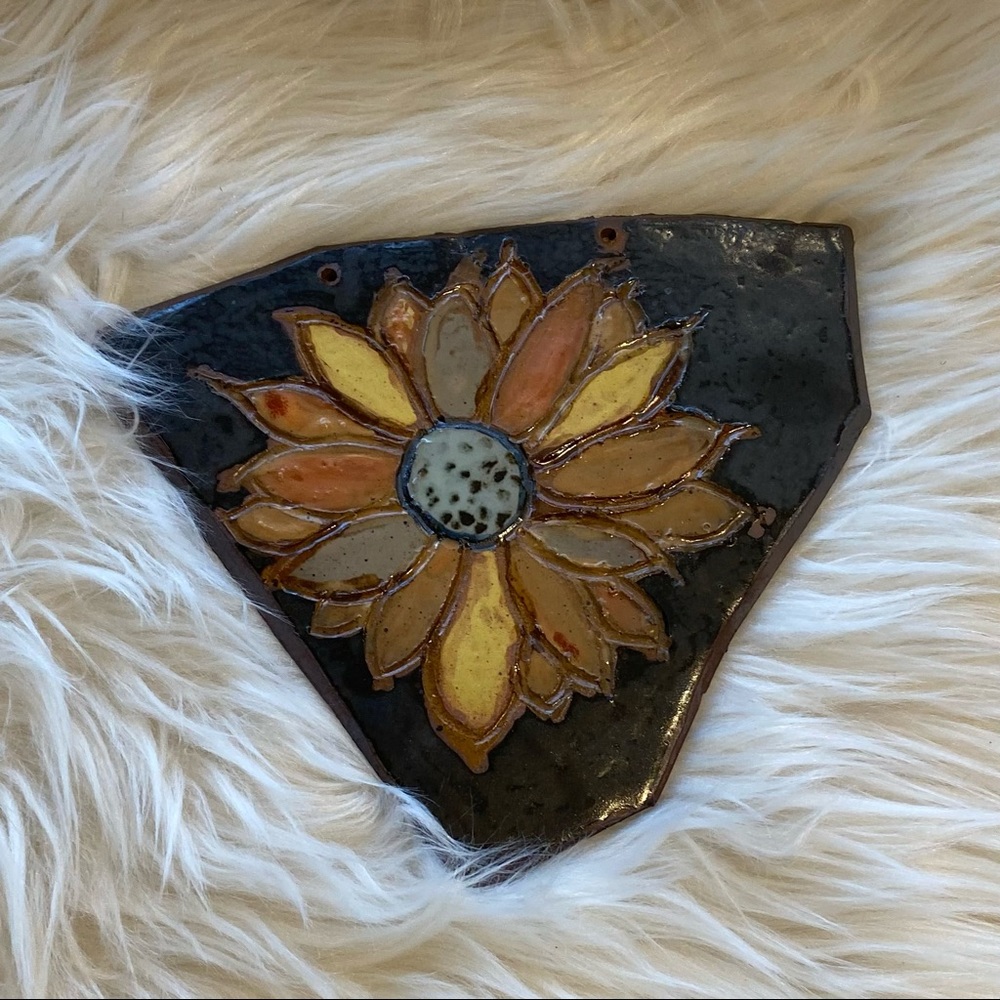 Wall art Artesian Ceramic Sunflower earth tone orange yellow brown on Chocolate - Picture 3 of 8